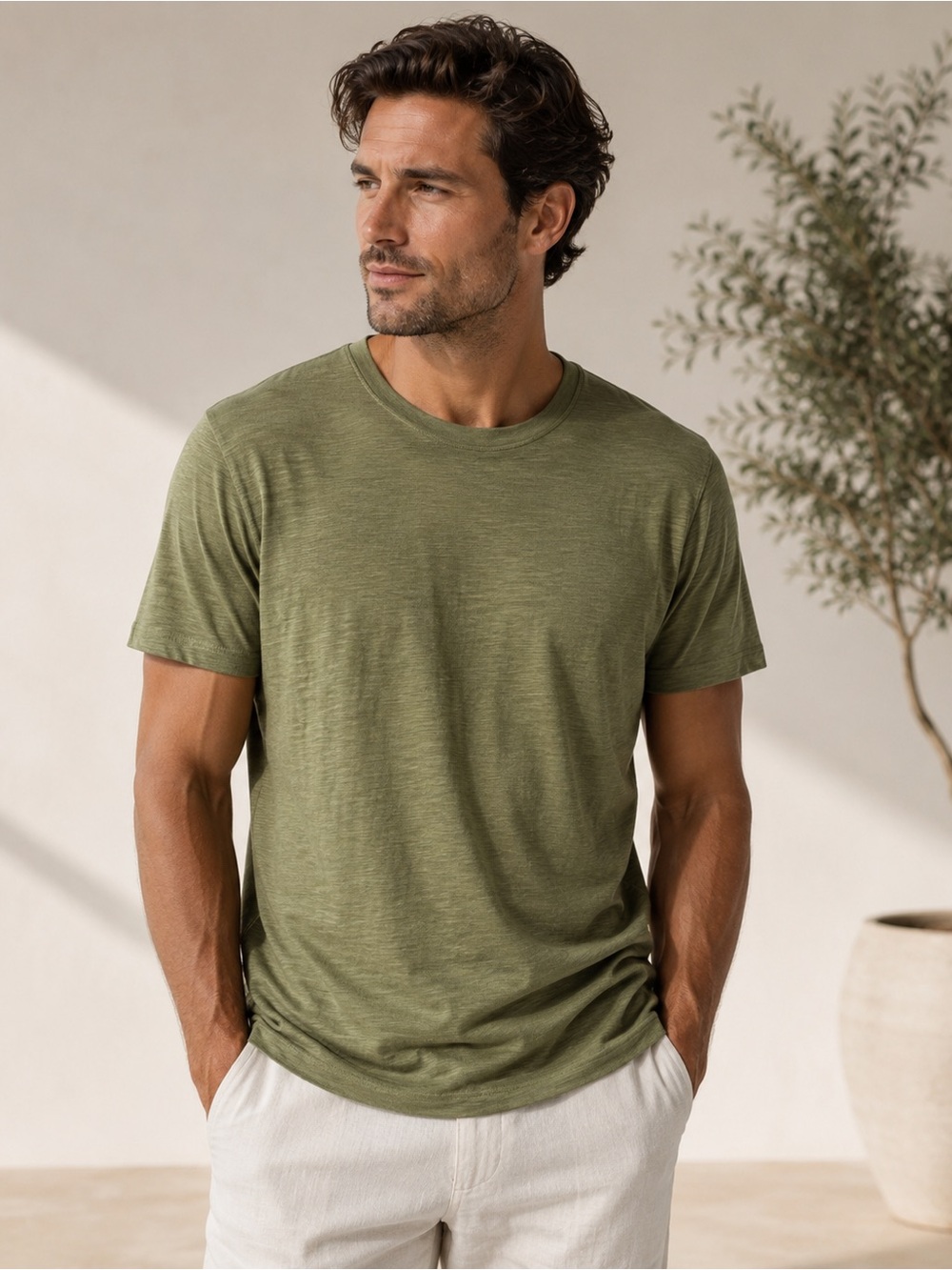 Falconeri Italy Olive Green Slub Cotton Crew Neck T-Shirt Luxury Basic